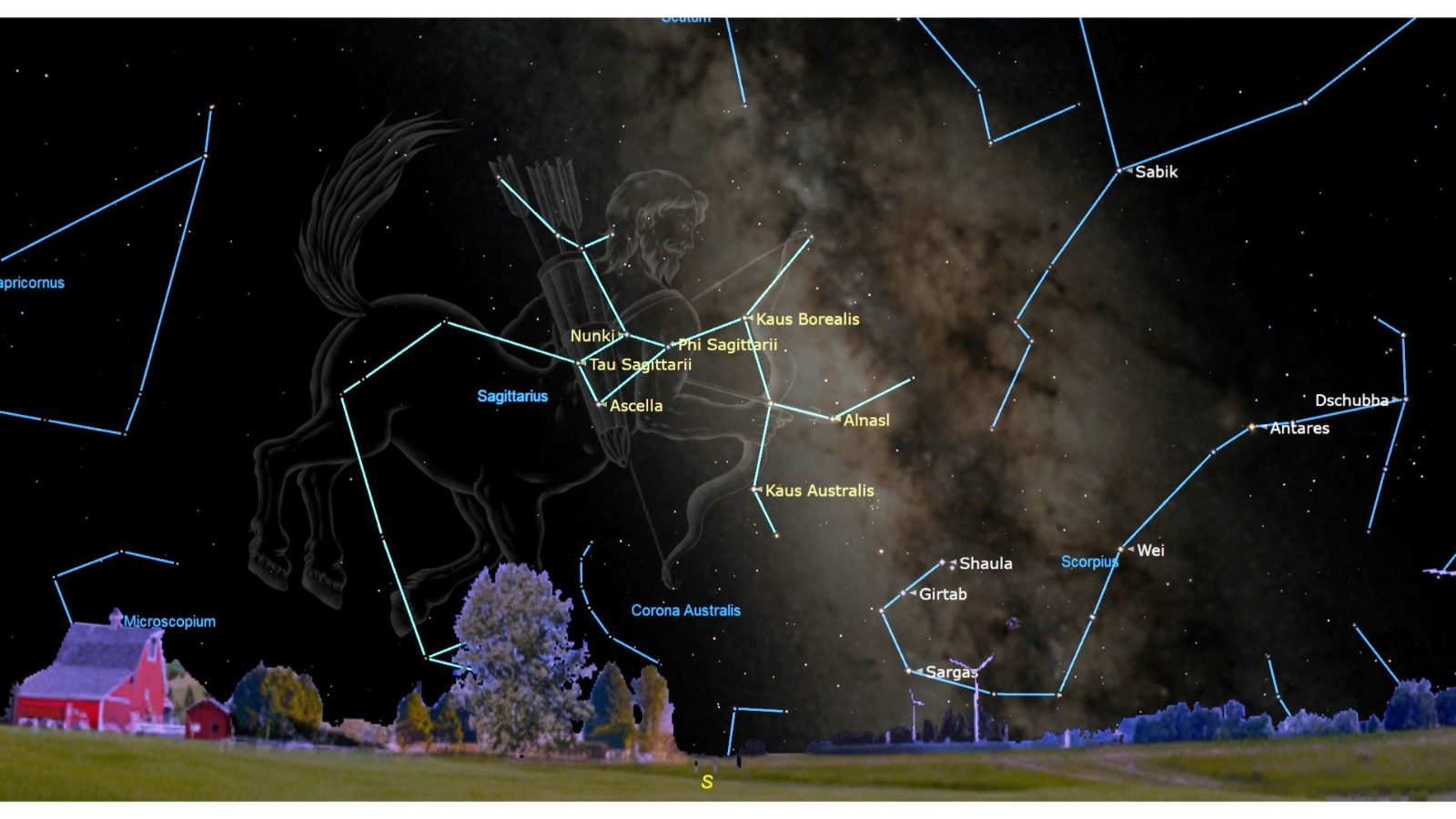 Night sky map showing the location of the teapot asterism between Sagittarius and Scorpius.