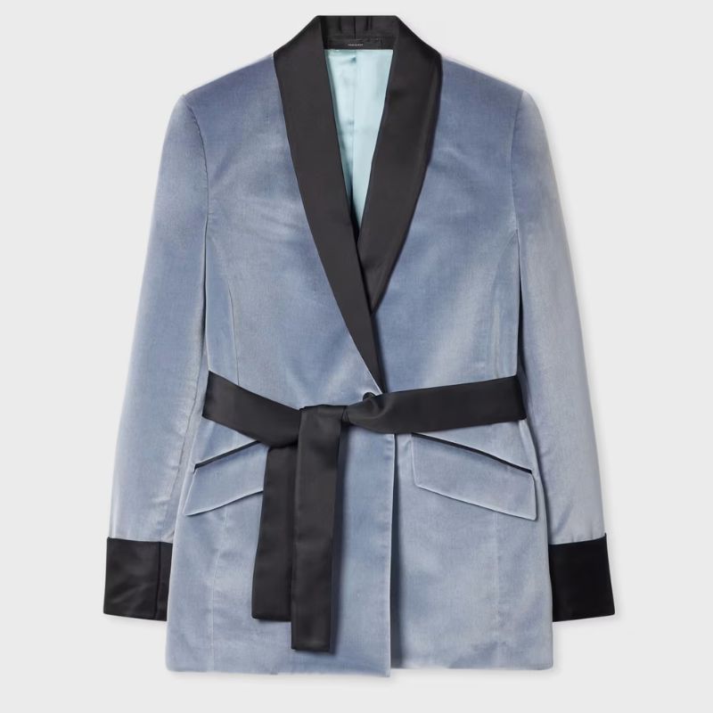 Dusky Blue Velvet Contrast-Trim Belted Blazer 