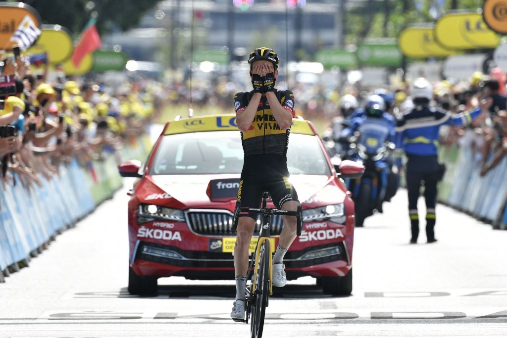 Team Jumbo Vismas Sepp Kuss of US celebrates as he crosses the finish line of the 15th stage of the 108th edition of the Tour de France cycling race 191 km between Ceret and AndorreLaVieille on July 11 2021 Photo by Philippe LOPEZ AFP Photo by PHILIPPE LOPEZAFP via Getty Images