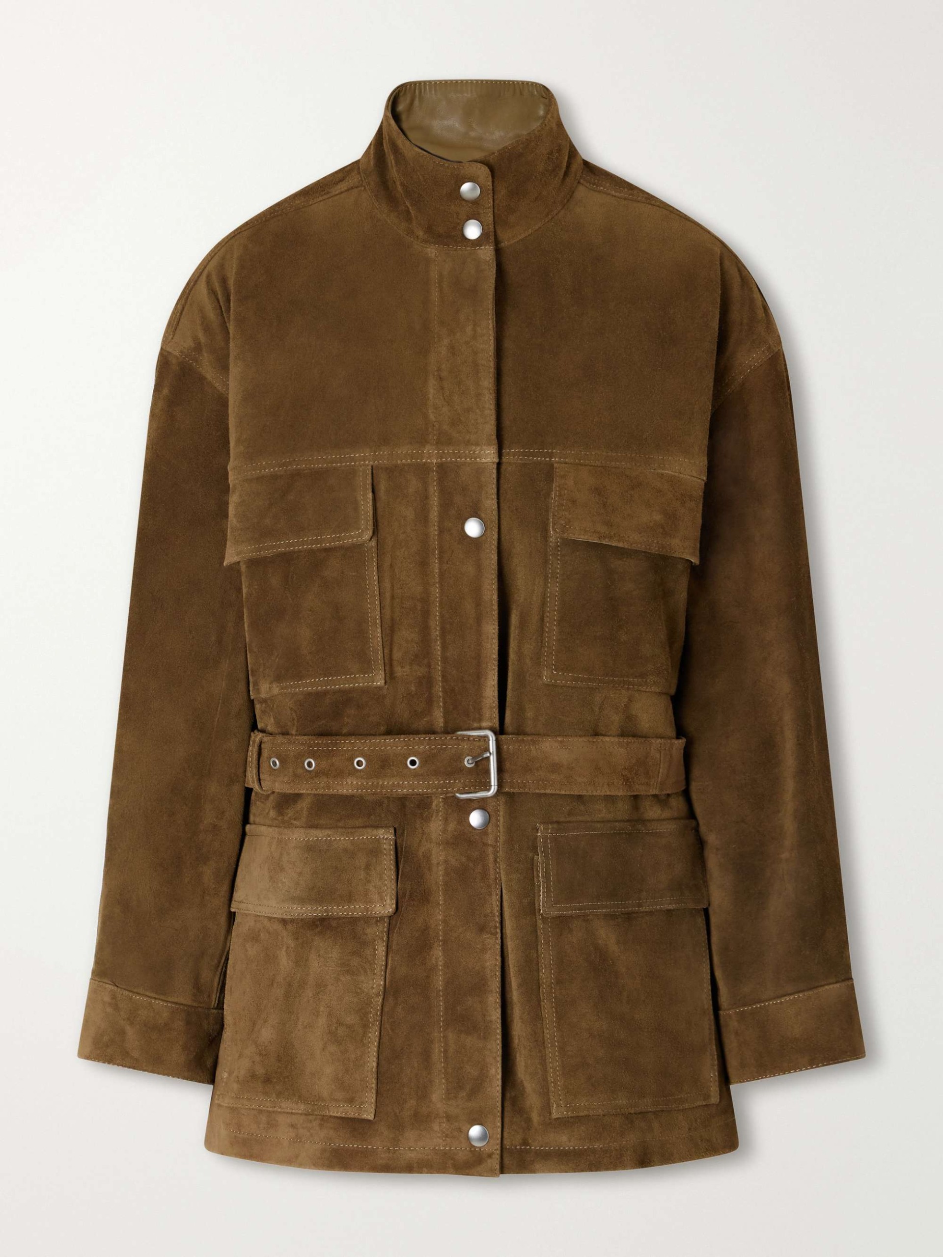 Delore Belted Paneled Suede Jacket
