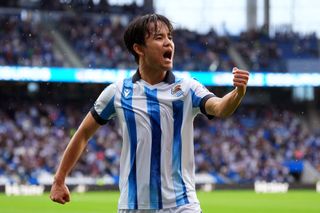 Takefusa Kubo of Real Sociedad celebrates after scoring the team's second goal during the LaLiga EA Sports match between Real Sociedad and Granada CF at Reale Arena on September 02, 2023 in San Sebastian, Spain.