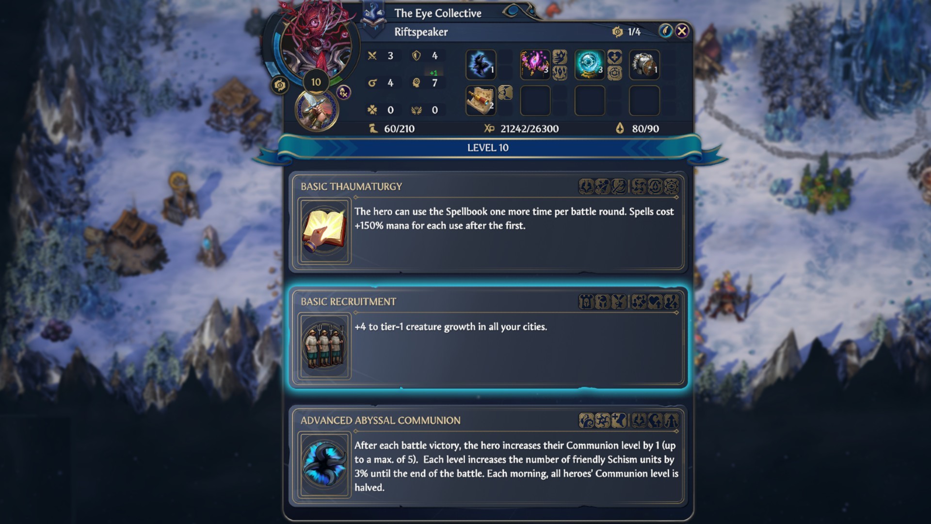 The Basic Recruitment skill highlighted in three optional Heroes of Might and Magic Olden Era skills.