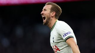 Harry Kane of Tottenham Hotspur celebrates after scoring his team's goal during the Premier League match between Tottenham Hotspur and Manchester City at the Tottenham Hotspur Stadium on 5 February, 2023 in London, United Kingdom.