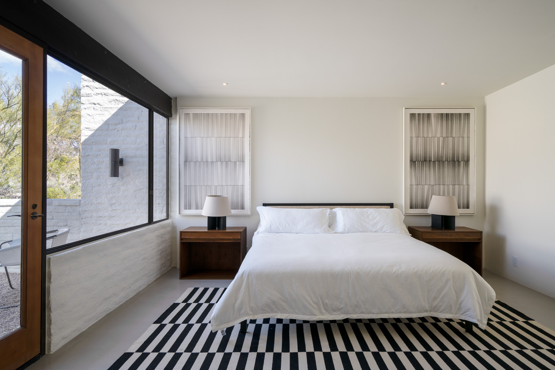 view of Ramada House by Judith Chafee, white, simple modernist house in the american desert