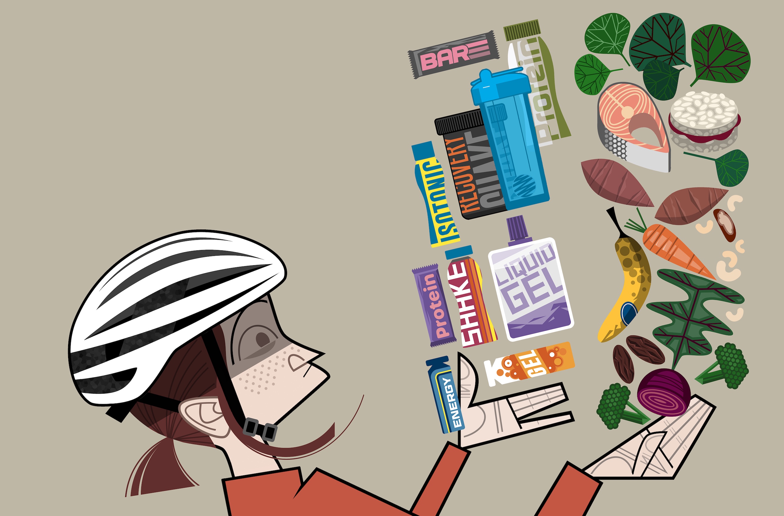 Illustration of rider with processed foods raining down into one hand, real foods into the other