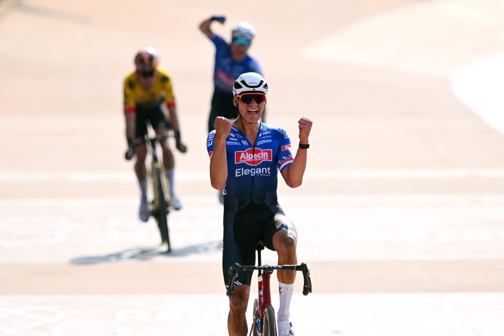 ROUBAIX FRANCE APRIL 09 Mathieu van der Poel of The Netherlands and Team AlpecinDeceuninck celebrates at finish line as race winner during the 120th ParisRoubaix 2023 Mens Elite a 2566km one day race from Compigne to Roubaix on UCIWT April 09 2023 in Roubaix France Photo by Luc ClaessenGetty Images