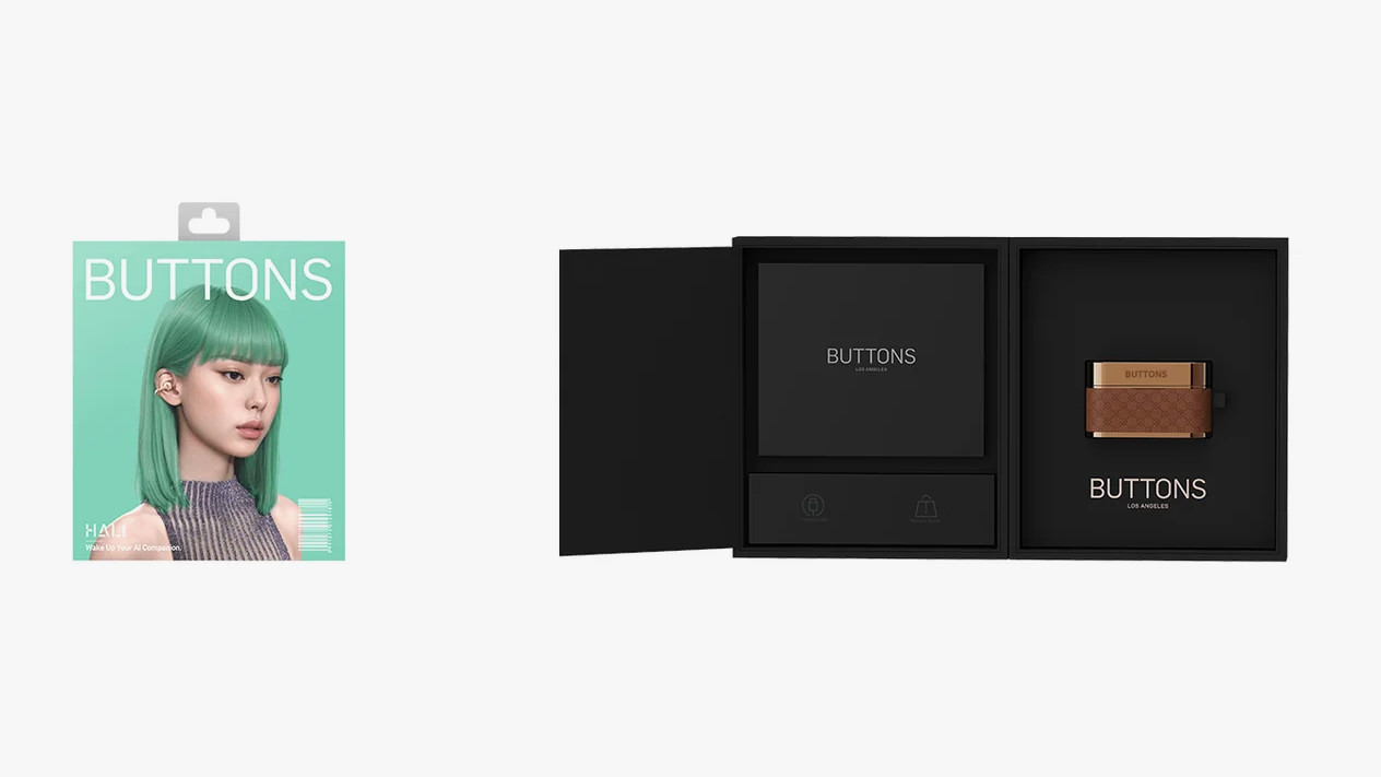Buttons Clip AI assistant earbuds packaging