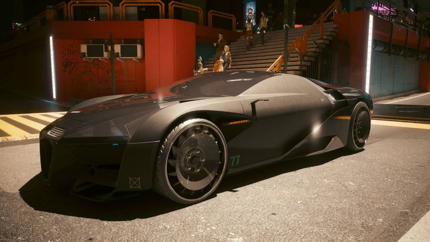 The Rayfield Caliburn, aka the Batmobile, in the middle of the street in Cyberpunk 2077.