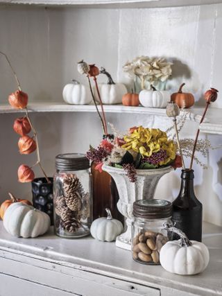 Fall flowers and pumpkins on shelves
