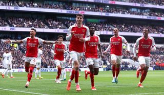 Kai Havertz of Arsenal celebrates scoring their teams third goal during the Premier League match between Tottenham Hotspur and Arsenal FC at Tottenham Hotspur Stadium on April 28, 2024 in London, England. (Photo by Chloe Knott - Danehouse/Getty Images) (Photo by Chloe Knott - Danehouse/Getty Images)