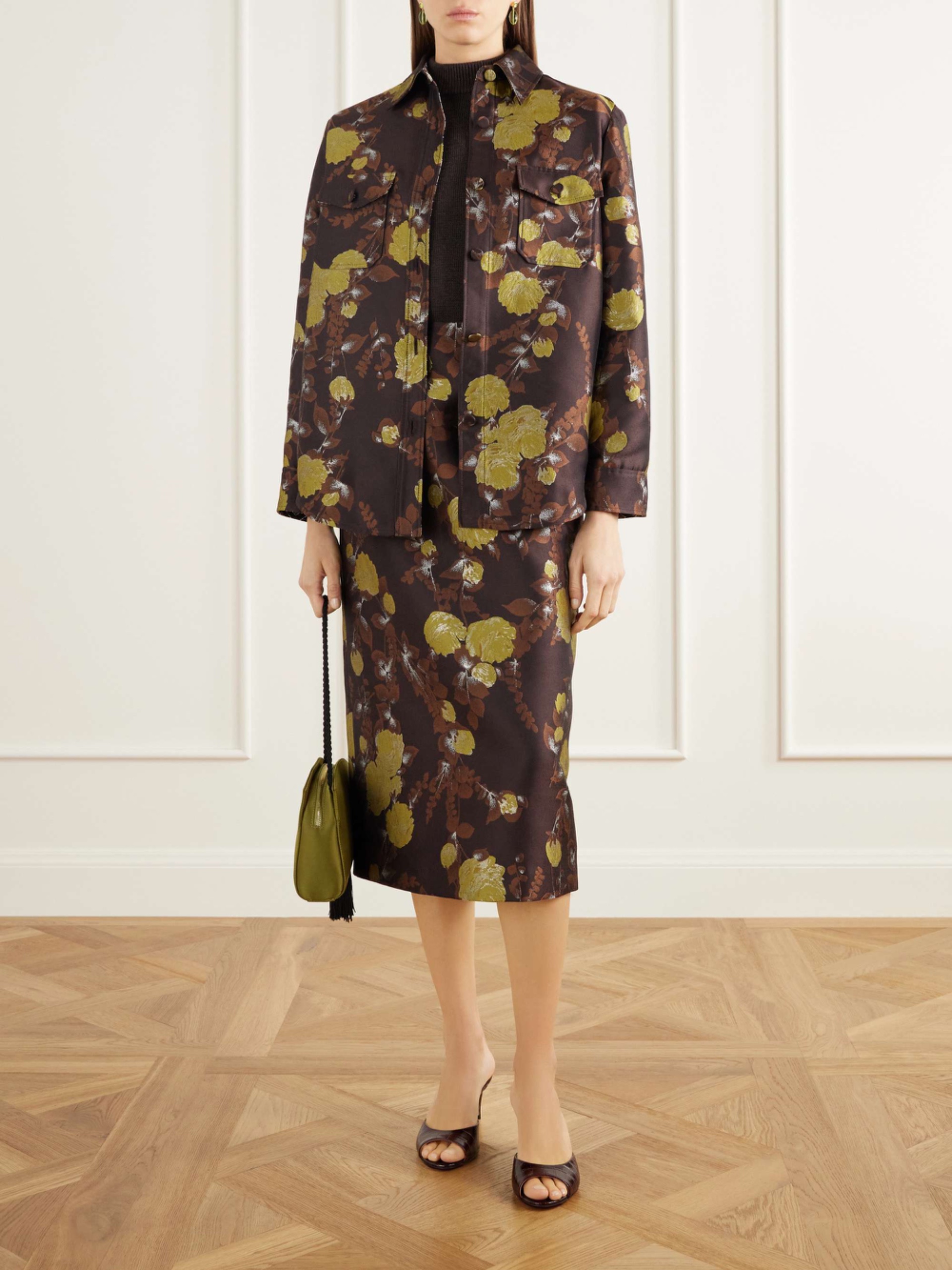 Metallic Floral-Jacquard Twill Midi Skirt