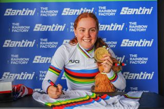Felicity Wilson-Haffenden of Australia with the rainbow jersey and gold medal in the junior time trial