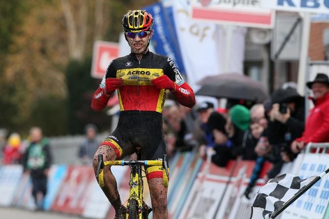Belgian champion Yannick Peeters celebrates his win in Hamme-Zogge