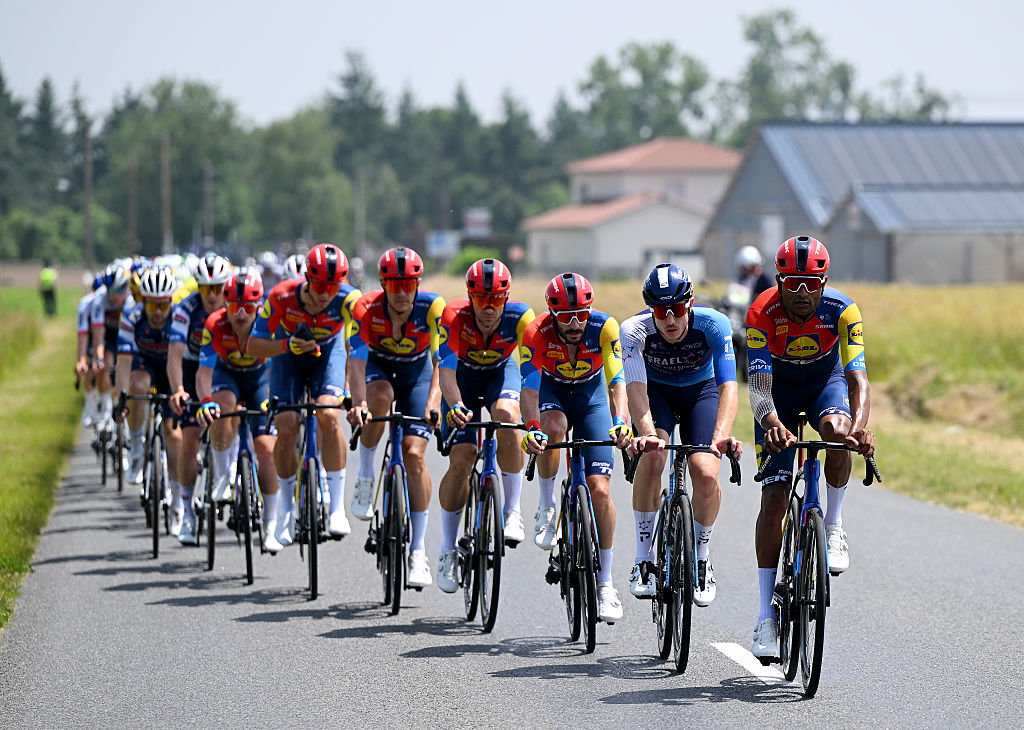 MACON, FRANCE - JUNE 12: Amanuel Ghebreigzabhier of Eritrea and Team Lidl - Trek leads the peloton during the 77th Criterium du Dauphine 2025, Stage 5 a 183km stage from Saint-Priest to Macon / #UCIWT / on June 12, 2025 in Macon, France. (Photo by Dario Belingheri/Getty Images)