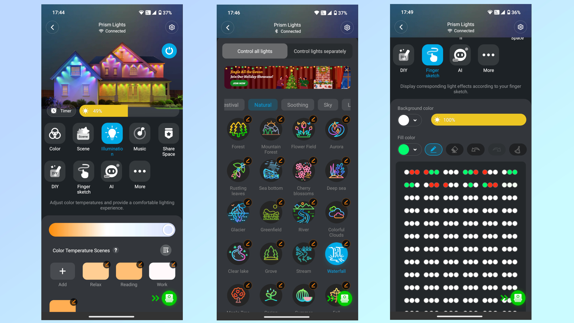 A series of screenshots showing how you can set different lighting effects on the Prism permanent outdoor lights in the Govee Home app