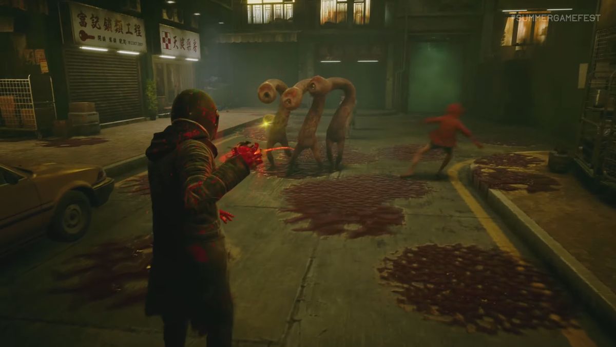Slitterhead gameplay reveal showing grungy Tokyo streets, people with red eyes, and strange monsters bursting out of people