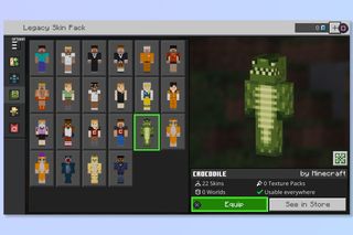 The skins menu of Minecraft