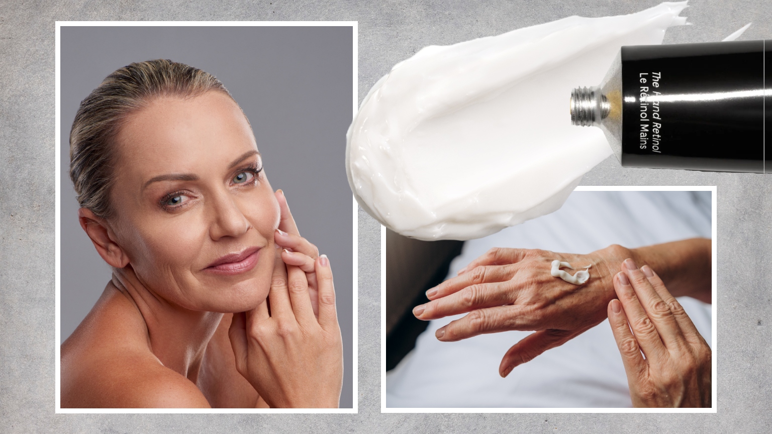 hand creams for mature skin, collage of an older woman&#039;s face, hands applying cream and a black product bottle dispensing white hand cream