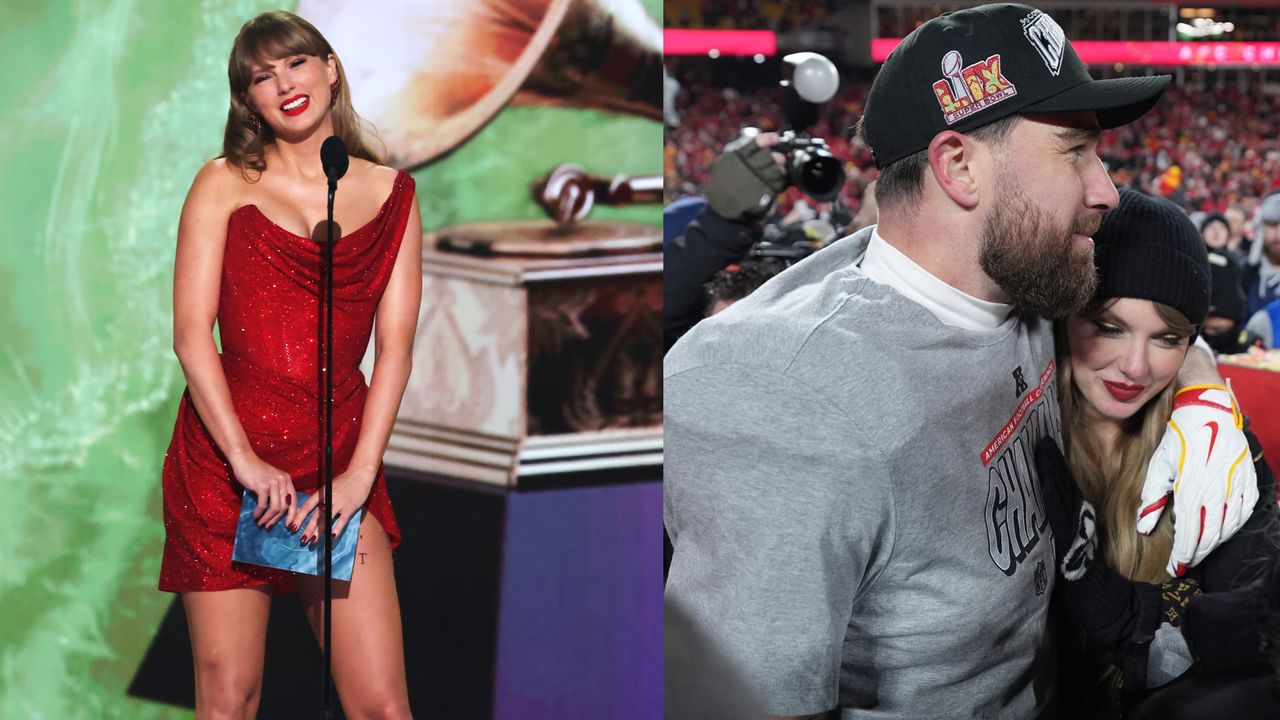 Taylor Swift wearing a red dress presenting an award at the Grammys next to a photo of Travis Kelce in a gray shirt with his arm around Taylor Swift at the AFC championship game 2025