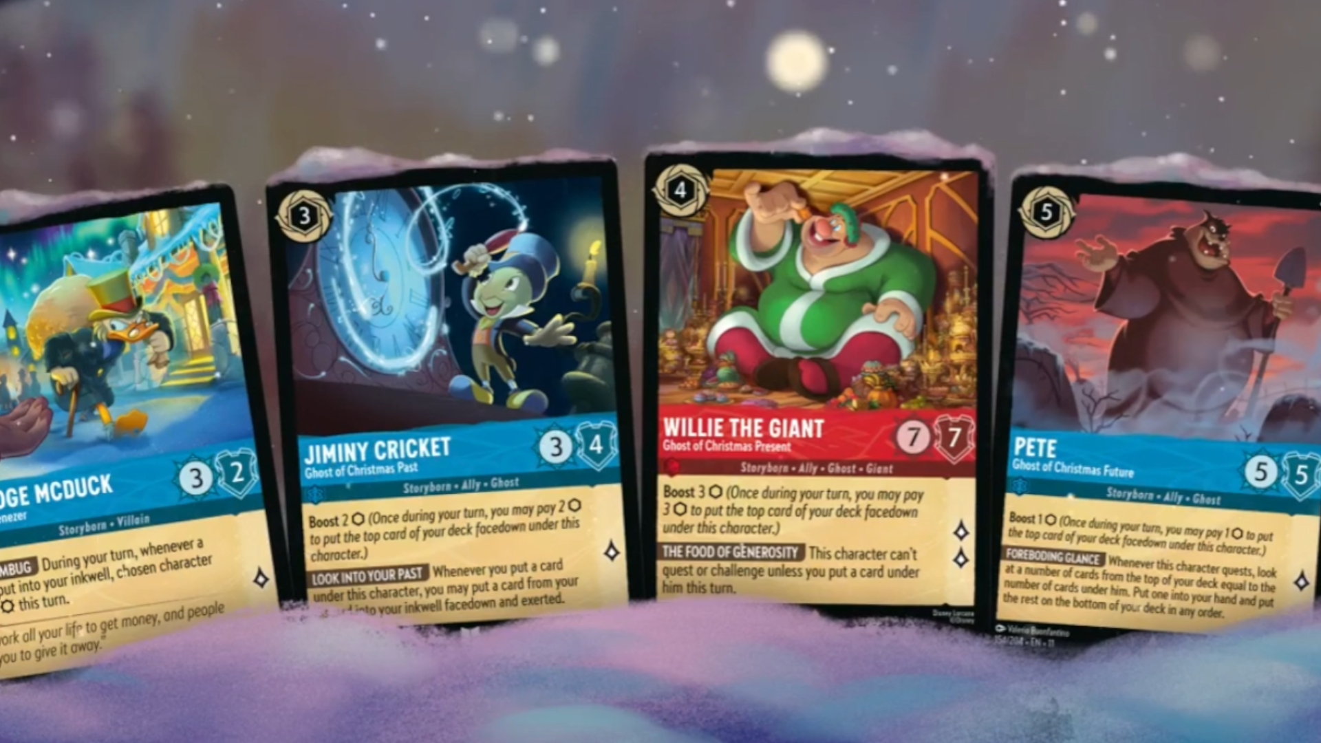 Disney Lorcana Winterspell cards in the snow