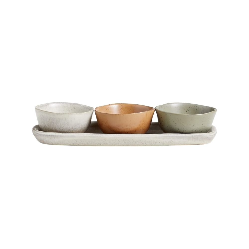 Cream ceramic tray with cream, pale orange and pale green ceramic pinch bowls