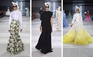Three separate images of female catwalk models, wearing designer dresses, white floor