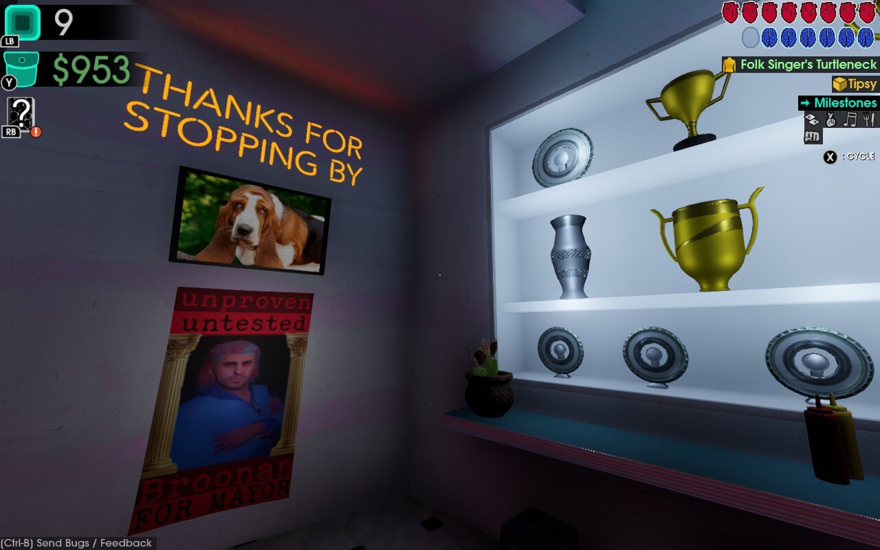 Moves of the Diamond hand Deli screenshot showing political poster and "thanks for stopping by" message over picture of basset hound