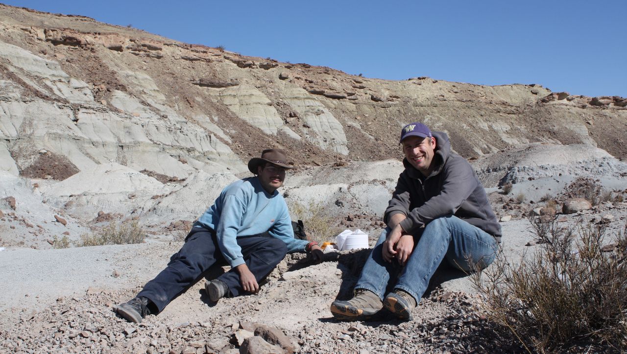 Mart&iacute;n Ezcurra (left) and Sterling Nesbitt (right) hunt for fossils in northwest Argentina.