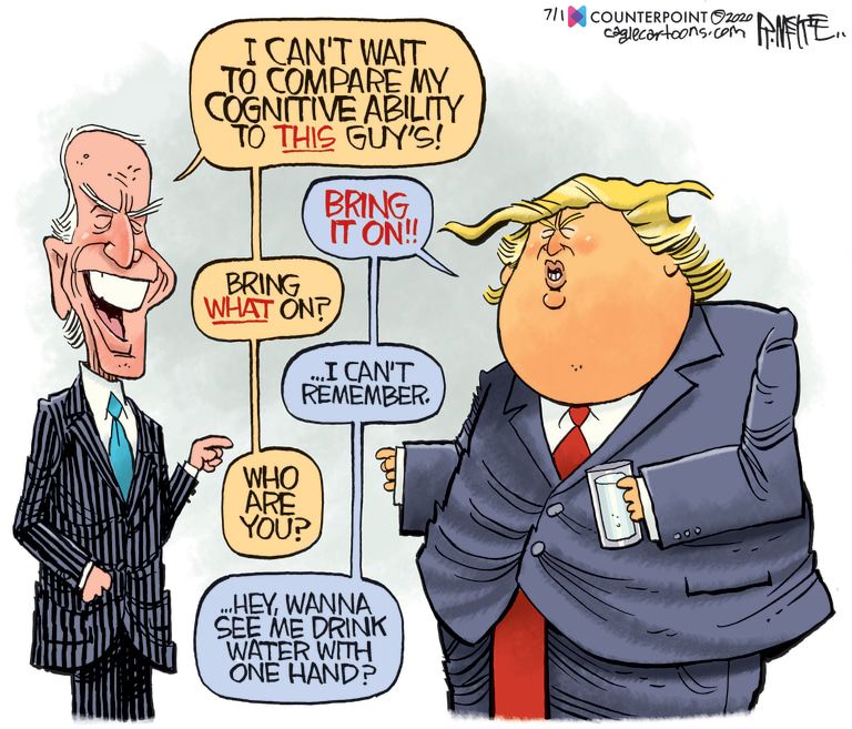 Political Cartoon U.S. Trump Biden cognitive decline 2020