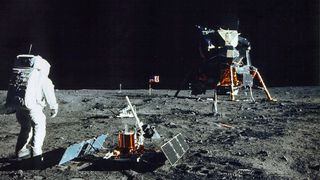 Astronaut Edwin E. Aldrin Jr., Lunar Module Pilot, stands near a scientific experiment on the lunar surface. Man's first landing on the Moon occurred July 20, 1969 as Lunar Module "Eagle" touched down gently on the Sea of Tranquility on the east side of the Moon. The 30th anniversary of the Apollo 11 Moon mission is celebrated July 20, 1999. (Photo by NASA/Newsmakers)