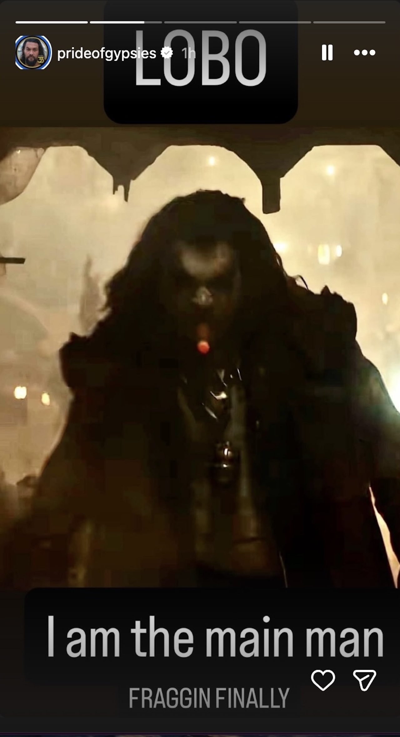 Jason Momoa sharing an Instagram Story with a screenshot of his version of Lobo in the Supergirl movie