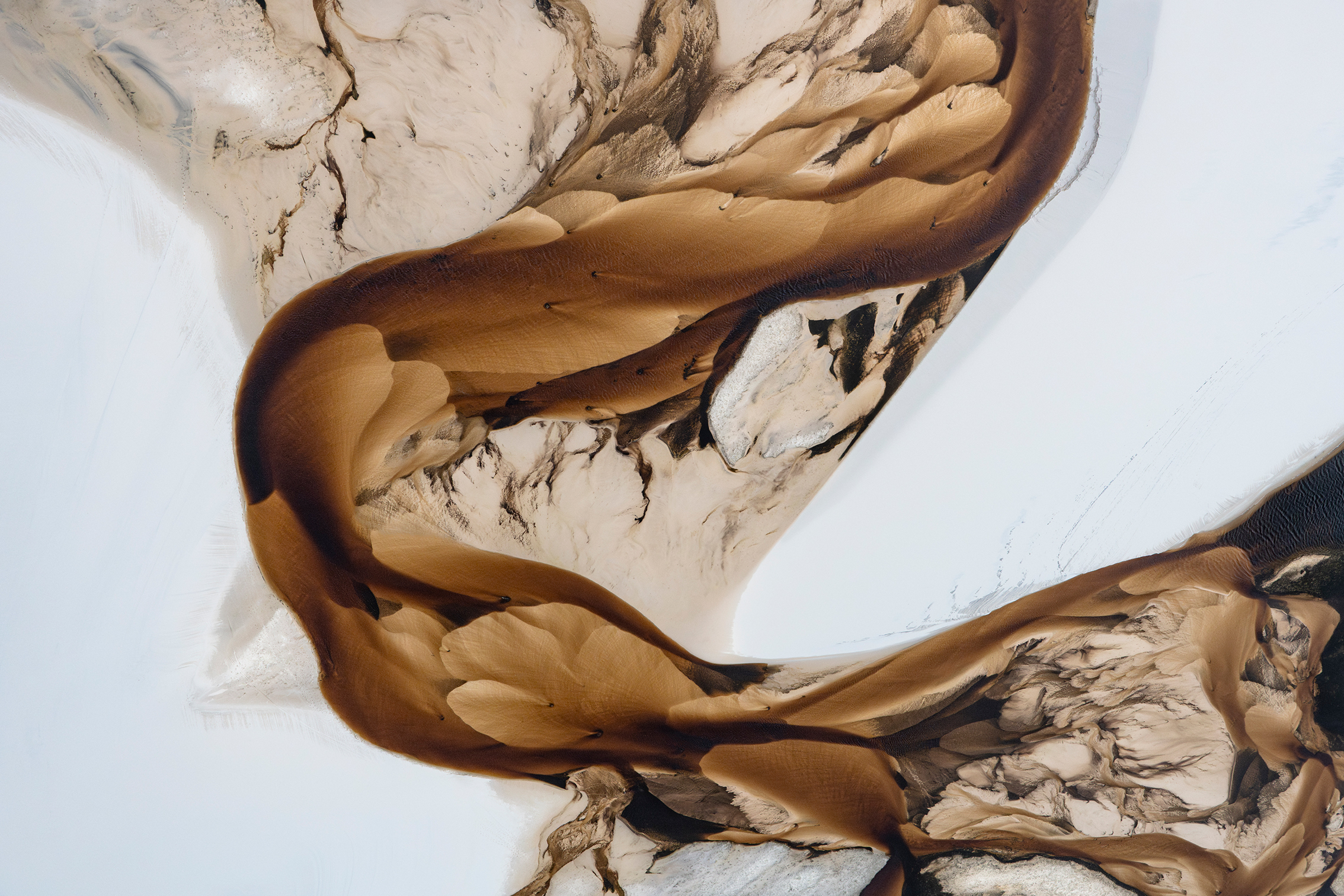 An abstract aerial view of flowing sand patterns in rich browns and whites, resembling organic shapes and textures against a stark background