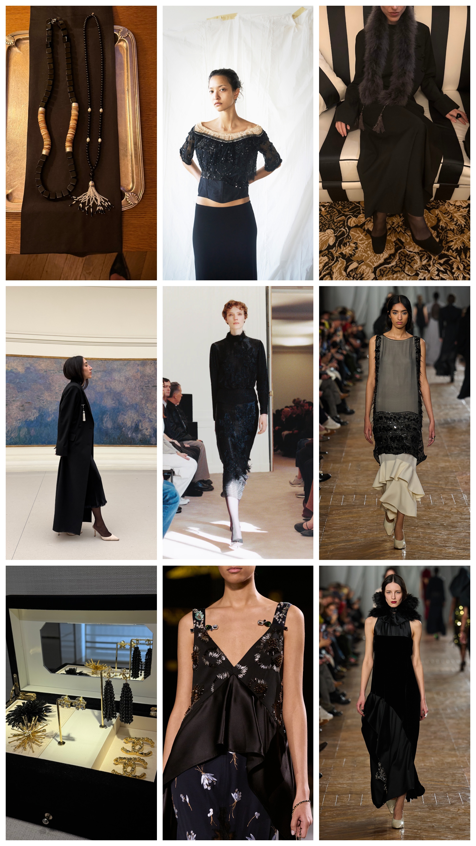 collage of embellishments on Alexis Badiyi and on the Fall 2026 runways