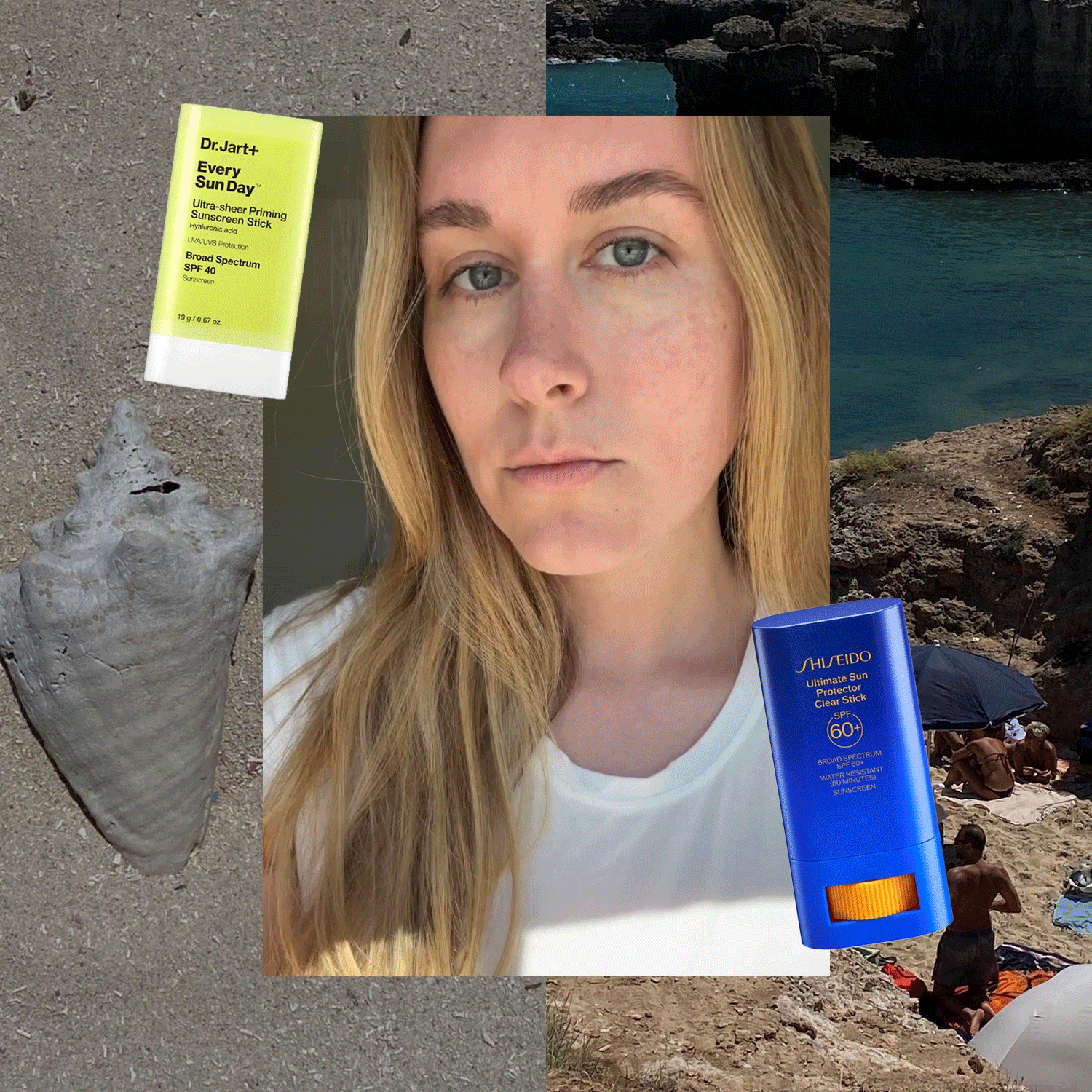 A GIF of beauty editor Kaitlyn McLintock applying a sunscreen stick against a beachy background