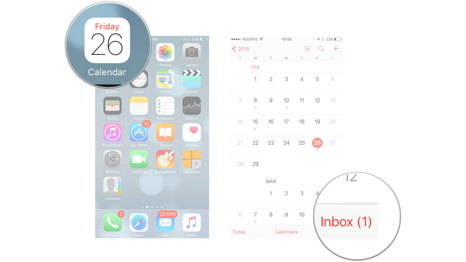 Kelola semua acara kalender bersama di Kalender di iPhone dan iPad dengan menunjukkan: Buka aplikasi kalender ketuk kotak masuk