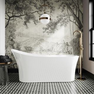 modern bathroom with patterned floor tiles, illustrative mural, modern white tub