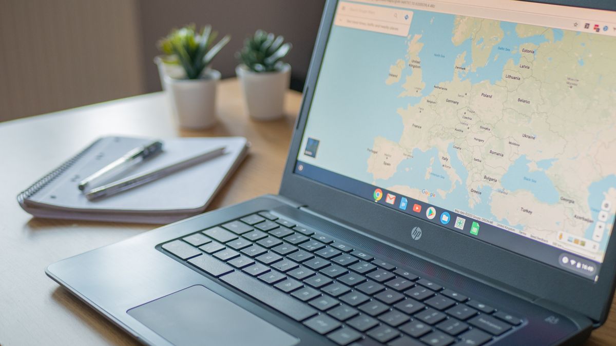 A Chromebook on a desk showing Google Maps