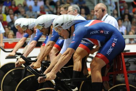 Steven Burke of Great Britain in the blocks before he competes in the Mens Final Pursuit during the TISSOT UCI Track Cycling World Cup