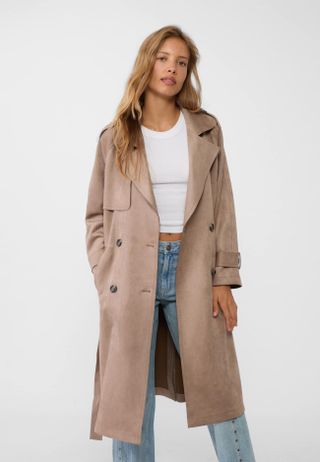 Long Faux Suede Trench Coat