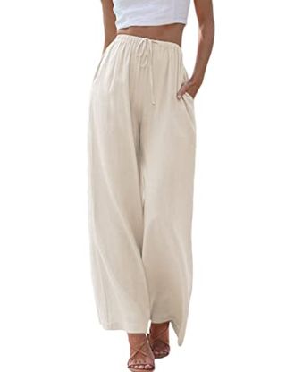 Tanming Wide Leg Linen Pants for Women Summer Flowy High Waisted Beach Palazzo Trousers (apricot-S)