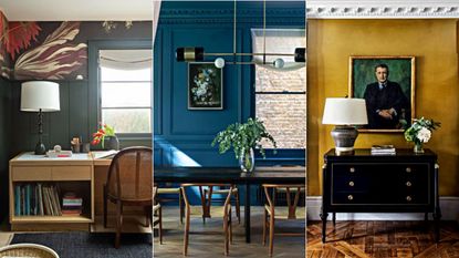Green home office with desk and rattan chair / A dining room with a modern glass and brass chandelier with traditional cornicing painted in bright blue / Black chest of drawers on a wooden floor, walls decorated in yellow with coving and yellow curtains with pelmets
