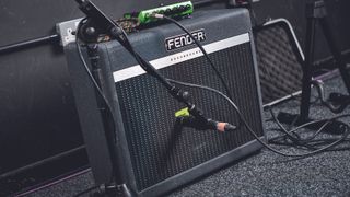 Fender Bassman guitar amplifier with recording microphone