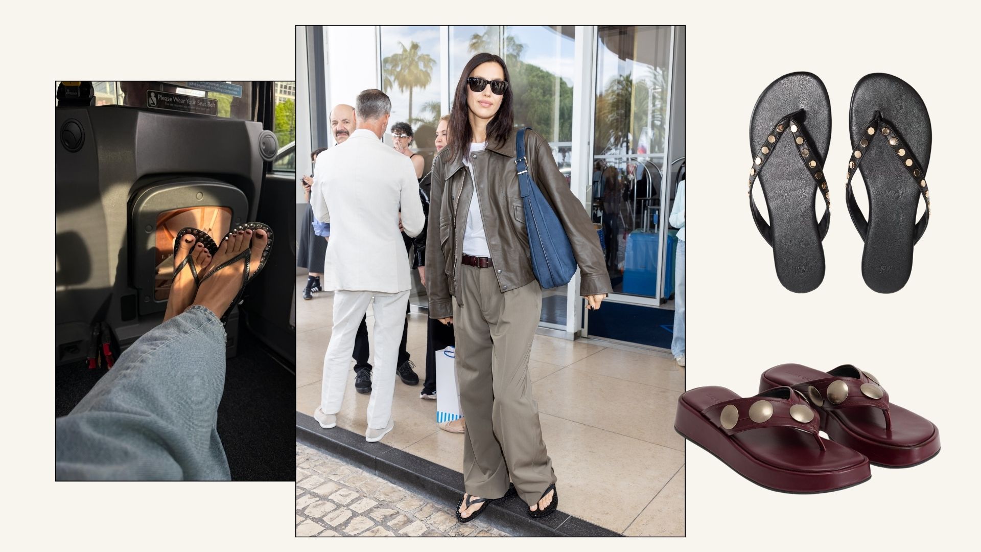 Influencer wears studded flip flops.