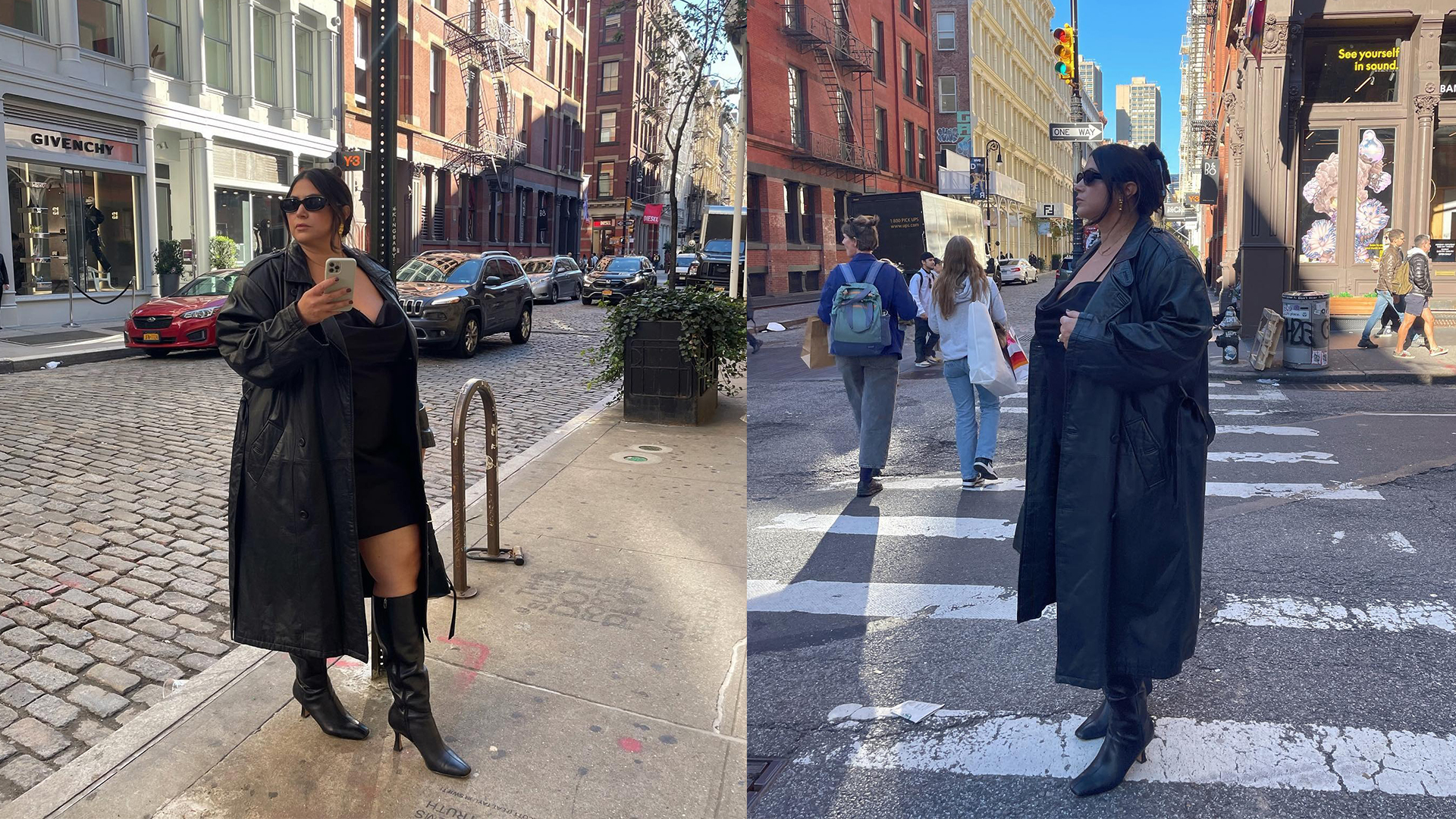 Gia wears black leather trench, black minidress, and black long heeled boots on the streets of NYC.