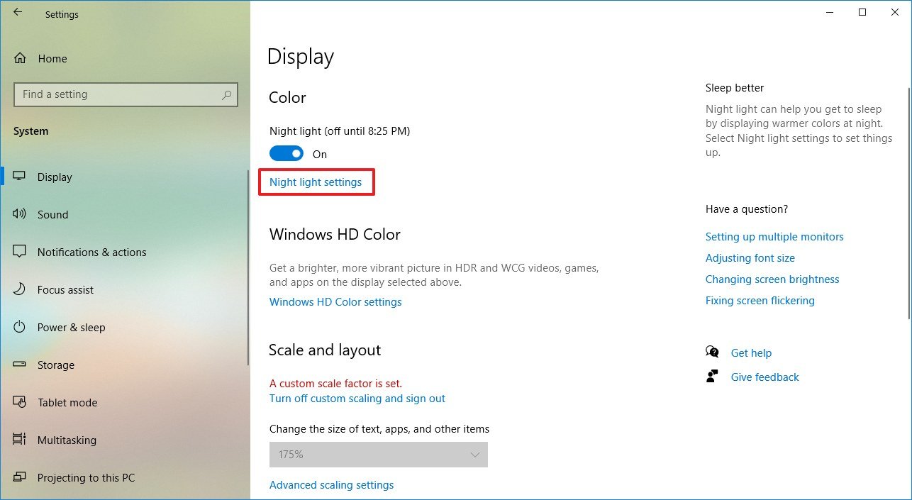 Display settings with night light option