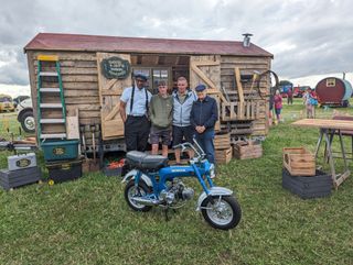 Jay Blades, Charlie Powell, Joe Powell, David Jason with broken motor bike, at Kelsall Steam and Vintage Rally.