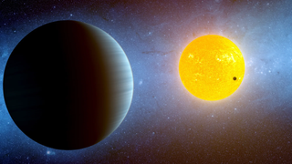 illustration showing a large planet in the foreground and a yellow star with a close-orbiting world in the background.