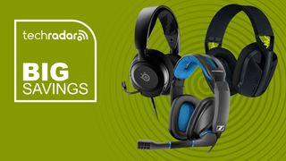 Thre gaming headsets on a green background with white big savings text