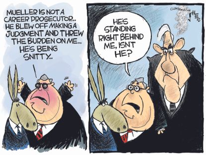 Political Cartoon U.S. Barr Mueller and democrats