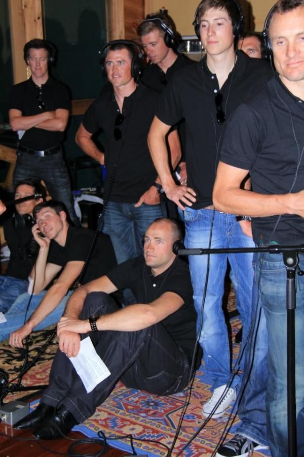 GreenEdge team members in the recording studio for their official song